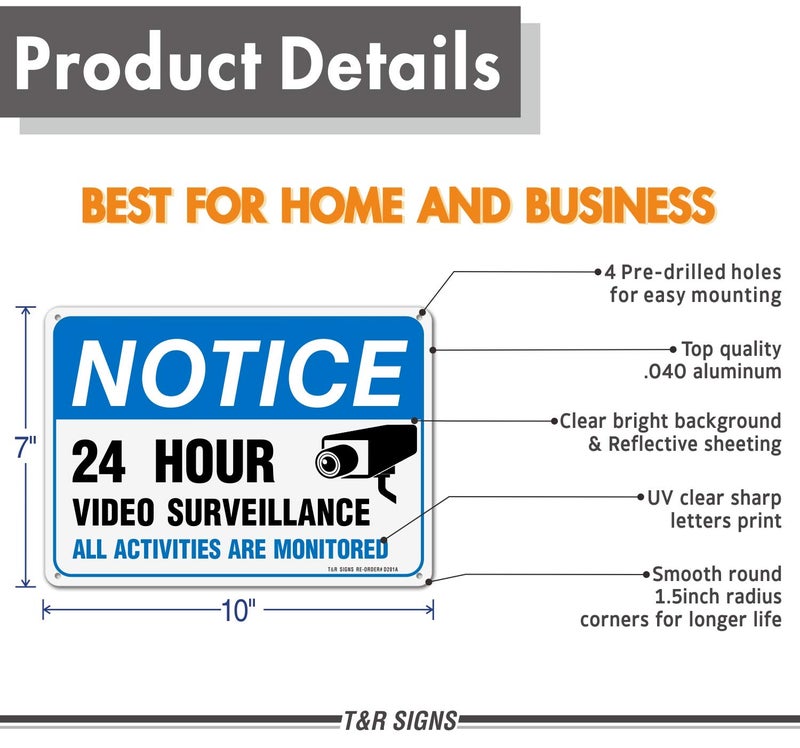 تي آر لافتة مراقبة بالفيديو، جميع الأنشطة مراقبة - عبوة من قطعتين - 7 × 10 بوصات، مصنوعة من الألومنيوم العاكس المقاوم للصدأ بسماكة 0.040 بوصة - مقاومة للأشعة فوق البنفسجية، ومقاومة للماء، ومقاومة للعوامل الجوية، ومقاومة للبهتان - 4 ثقوب مثقوبة مسبقًا - Image 2
